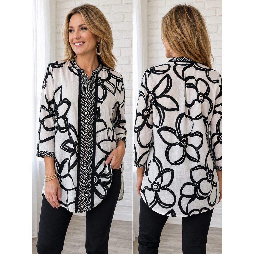 Laura Ashley Women’s Linen Tunic Top Size L Black White Floral Button Front